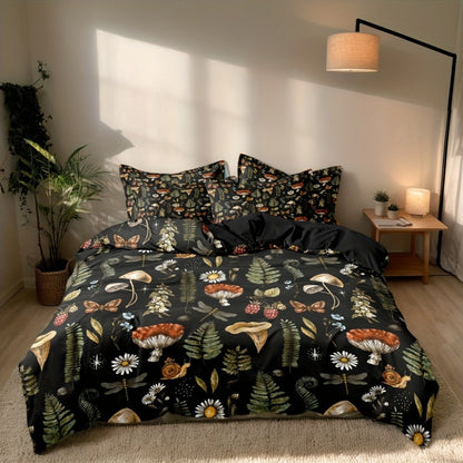3-Piece Duvet Cover Set with Forest Mushroom and Leaf Print, Zipper Closure and Twin to King Sizes