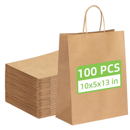 Brown Kraft Paper Gift Bags with Handles 100 Pack, 10x5x13 Inch Large Shopping Bags Bulk, Kraft Paper Bags for Birthday Party Wedding Retail Boutique Gift Wrapping