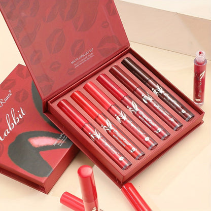 Red Lip Glaze Gift Set 6pcs in Elegant Box — Long-Lasting Smudge-Proof Glazed Finish, Smooth Paste Formula, All-Day Wear Versatile Lip Color for Beginners & Beauty Lovers, Holiday Birthday Gift