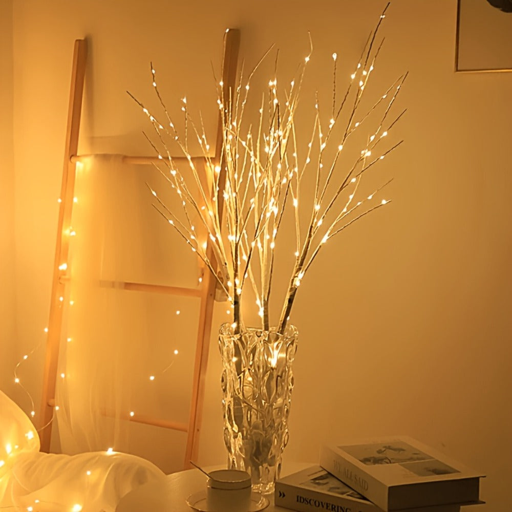 Birch Branch Lights Set of 2, Artificial Luminous Birch Tree Branches with Green Leaves & LED Fairy Lights — Battery Powered Indoor Decor for Christmas, New Year, Home & Reading Nook