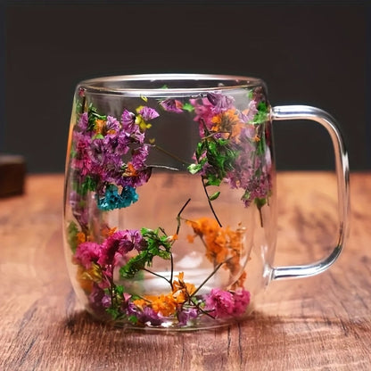 Double-Wall Glass Coffee Cup Set, Four-Piece Floral and Petal Design Mugs with Clear Handles for Tea and Lattes