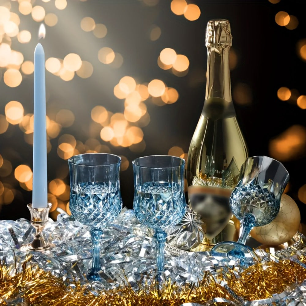 Twenty-Four-Pack Vintage-Style Plastic Stemmed Cups in Five Transparent Color Options for Party Tables