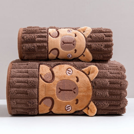 Towel Set 2 Piece Capybara Coral Fleece Face Towel and Bath Sheet in Four Printed Styles for Home and Guest Use