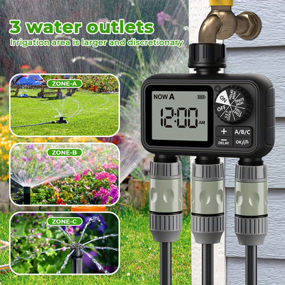 3-Zone Sprinkler Timer with Auto/Manual/Rain Delay Modes – Programmable Garden Hose Irrigation Controller, LCD Display, IPX5 Waterproof