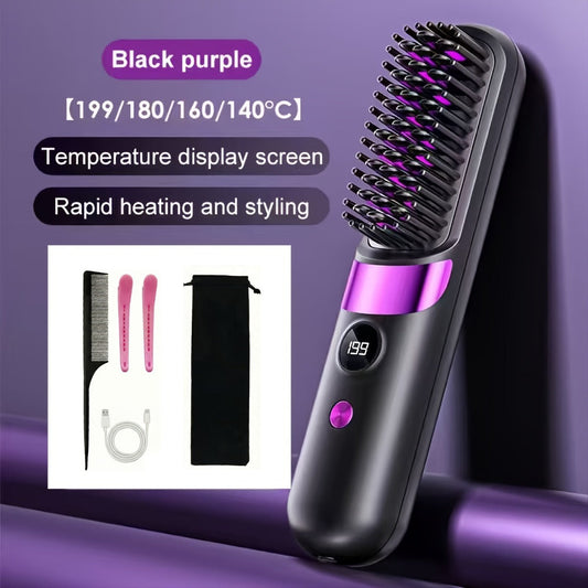 Wireless Hair Straightener Comb USB Rechargeable | Cordless Straightening Brush with Negative Ion, 3-Speed Temp Control, LED Display – Travel Hair Styler