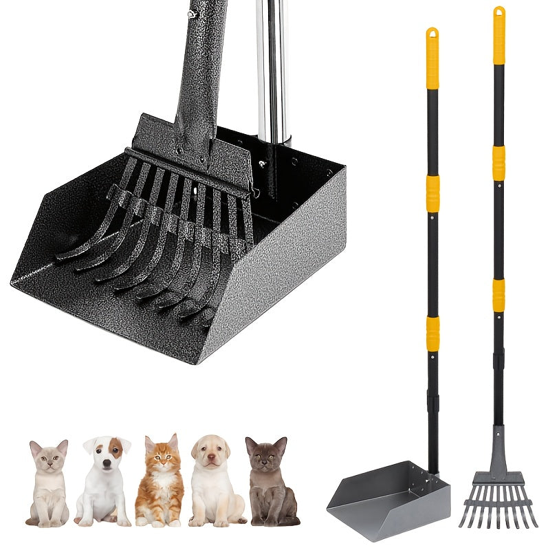 Dog Pooper Scooper Set Stainless Steel – Rust-Proof Tray & Rake with Adjustable Handles, Easy-Clean Pet Waste Removal Scoop for All Breeds, Multiple Colors Available