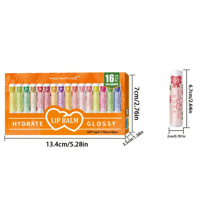 Lip Balm 16-Piece Assorted Flavor Set with Glossy Twist-Up Tubes and Orange Display Box Packaging