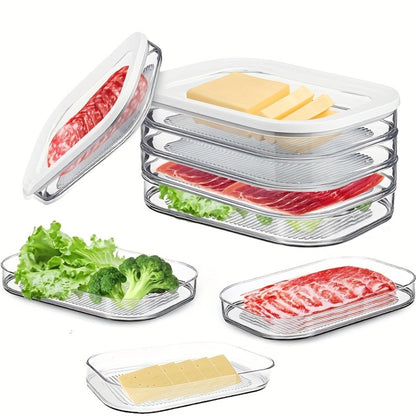 Food Storage Container Four-Tier Stainless Steel Refrigerator Tray Set with Clear Lids and Stacking Rims