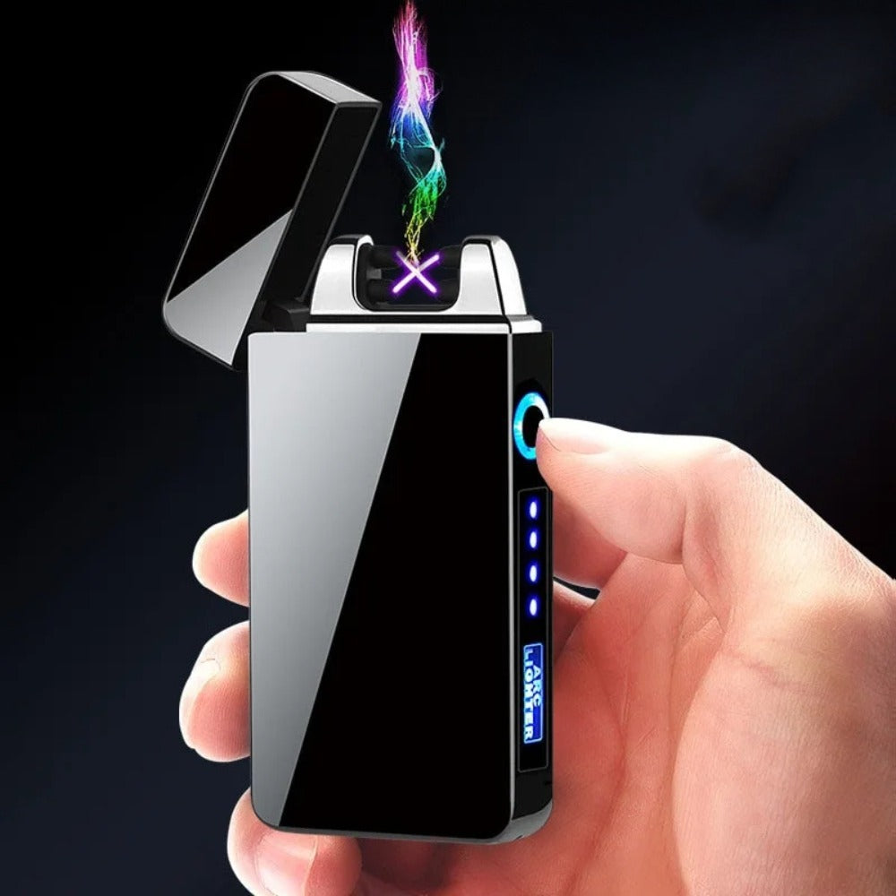 Flip-Top Dual-Arc Electric Lighter with Power Display in Three Black and Blue Color Options