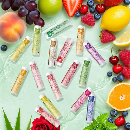 Lip Balm 16-Piece Assorted Flavor Set with Glossy Twist-Up Tubes and Orange Display Box Packaging