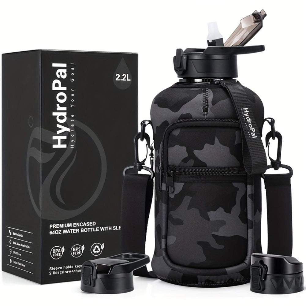 74oz Water Bottle Set with Two-Pocket Storage Sleeve, Phone Holder, Straw and Chug Lids, and Three Dark Prints