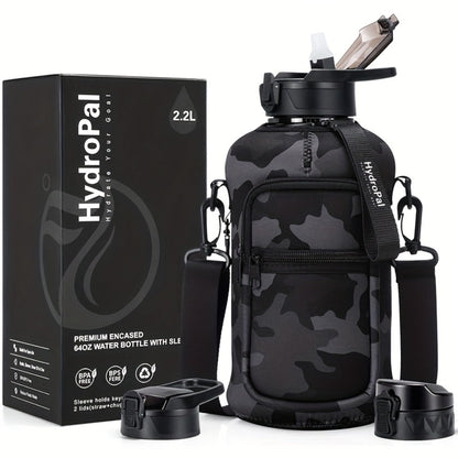 74oz Water Bottle Set with Two-Pocket Storage Sleeve, Phone Holder, Straw and Chug Lids, and Three Dark Prints