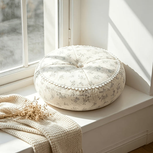 Round Floor Cushion Floral Tatami Seat Cushion for Living Room Bedroom Window, Boho Meditation Pillow for Reading & Yoga, Rustic Style Decorative Floor Pillow, Available in Green, Pink, Tangerine