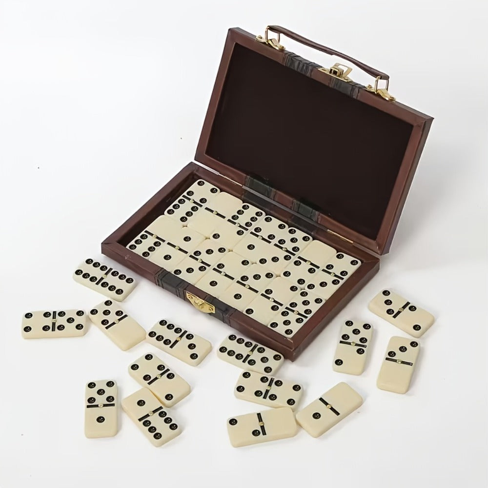 Double-Six Domino Set with 28 Ivory-Style Tiles, Metal Spinners and Brown Storage Case in One or Two Packs