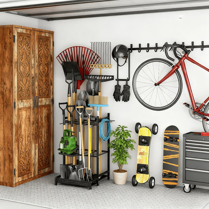 Garden Tool Organizer for Garage – Metal Yard Tool Storage Rack with Hooks & Wheels for Long-Handled Tools, Broom, Shovel, Rake, Mop – Heavy Duty Freestanding Tool Stand Holder, Black