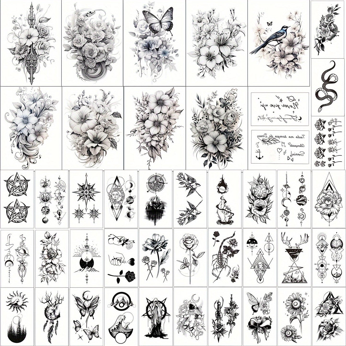 Floral Temporary Tattoos for Women 44-Pack | Realistic Butterfly Snake Half Arm Body Art Stickers | Large & Small Sheets Waterproof Long-Lasting Fake Tattoo | Black Flower Design Set for Adults Teens