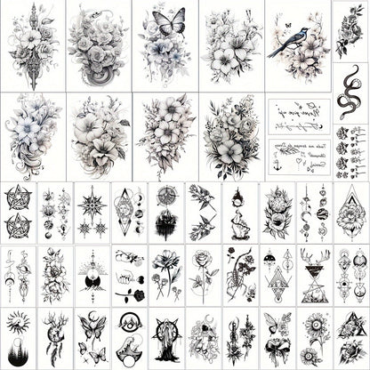 Floral Temporary Tattoos for Women 44-Pack | Realistic Butterfly Snake Half Arm Body Art Stickers | Large & Small Sheets Waterproof Long-Lasting Fake Tattoo | Black Flower Design Set for Adults Teens