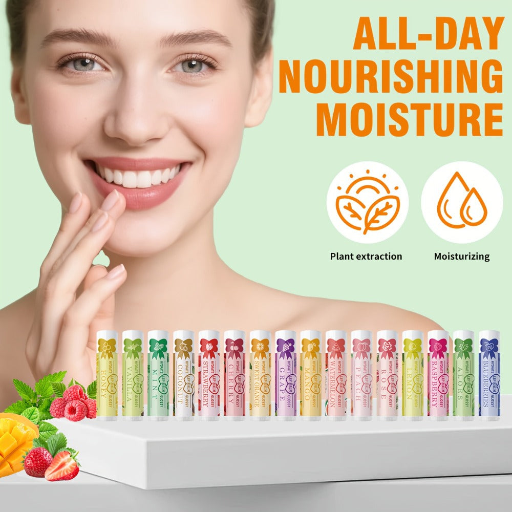 Lip Balm 16-Piece Assorted Flavor Set with Glossy Twist-Up Tubes and Orange Display Box Packaging