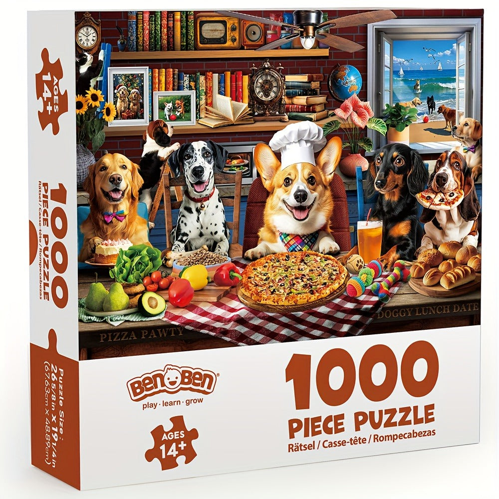 Dogs Dinner Party Jigsaw Puzzle in 500- or 1000-Piece Options with Lettered Backs and Reference Poster for Adults