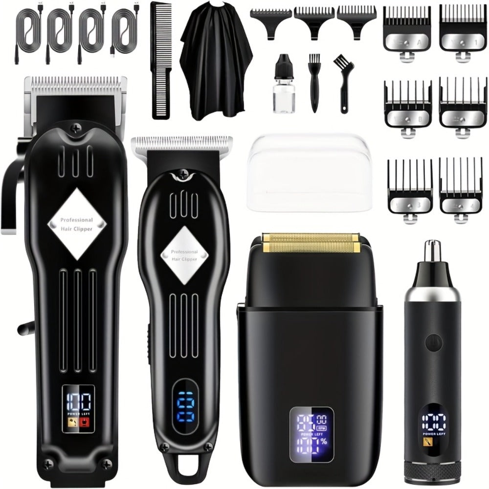 Hair Clippers & Trimmers Three-Piece Set with Full-Size Clipper, T-Blade Detailer, Foil Shaver and LCD Displays