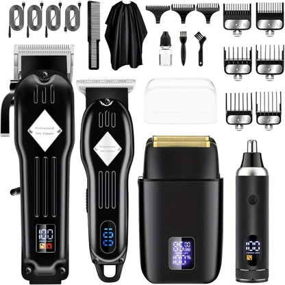 Hair Clippers & Trimmers Three-Piece Set with Full-Size Clipper, T-Blade Detailer, Foil Shaver and LCD Displays