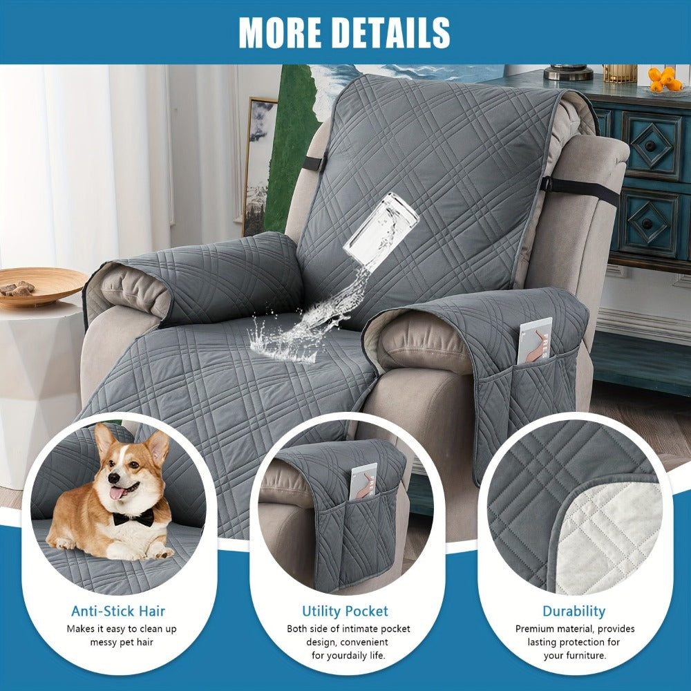 Chair Cover Quilted Recliner Throw with Side Pocket, Elastic Straps and Buckle in Ten Colors