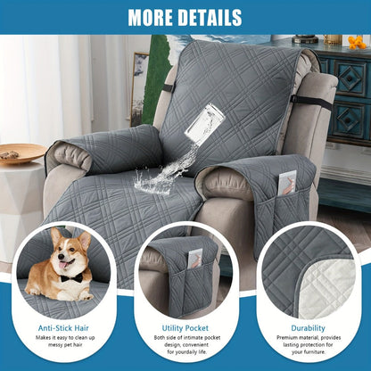 Chair Cover Quilted Recliner Throw with Side Pocket, Elastic Straps and Buckle in Ten Colors