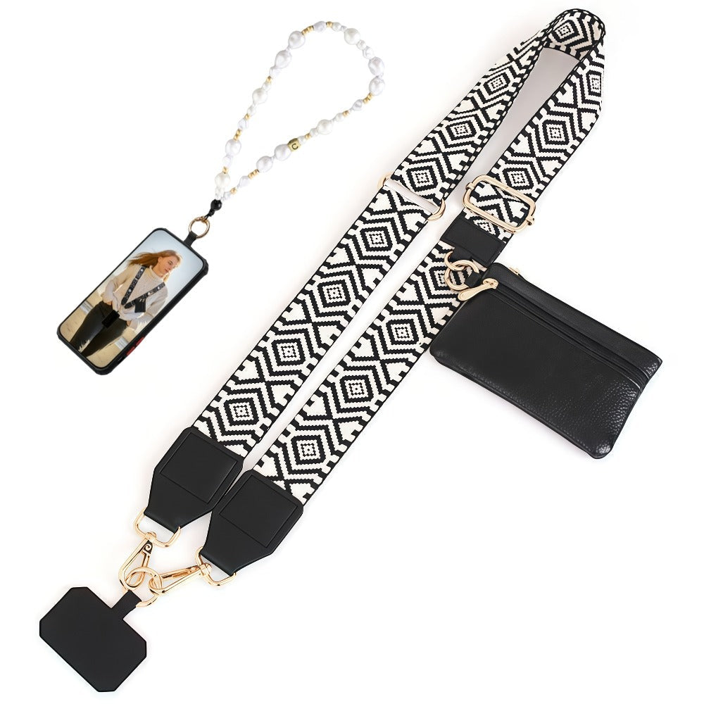 Phone Lanyard Crossbody Strap with Zipper Pouch, Beaded Charm and Five Exact Printed or Solid Styles