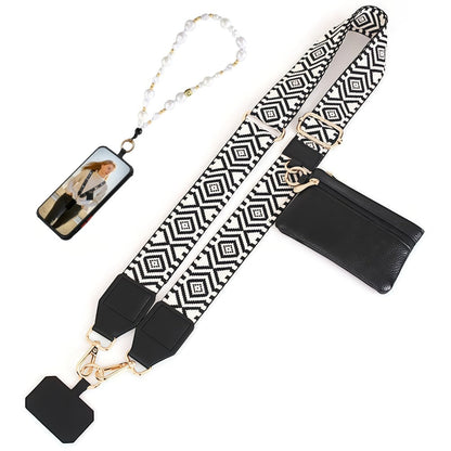 Phone Lanyard Crossbody Strap with Zipper Pouch, Beaded Charm and Five Exact Printed or Solid Styles