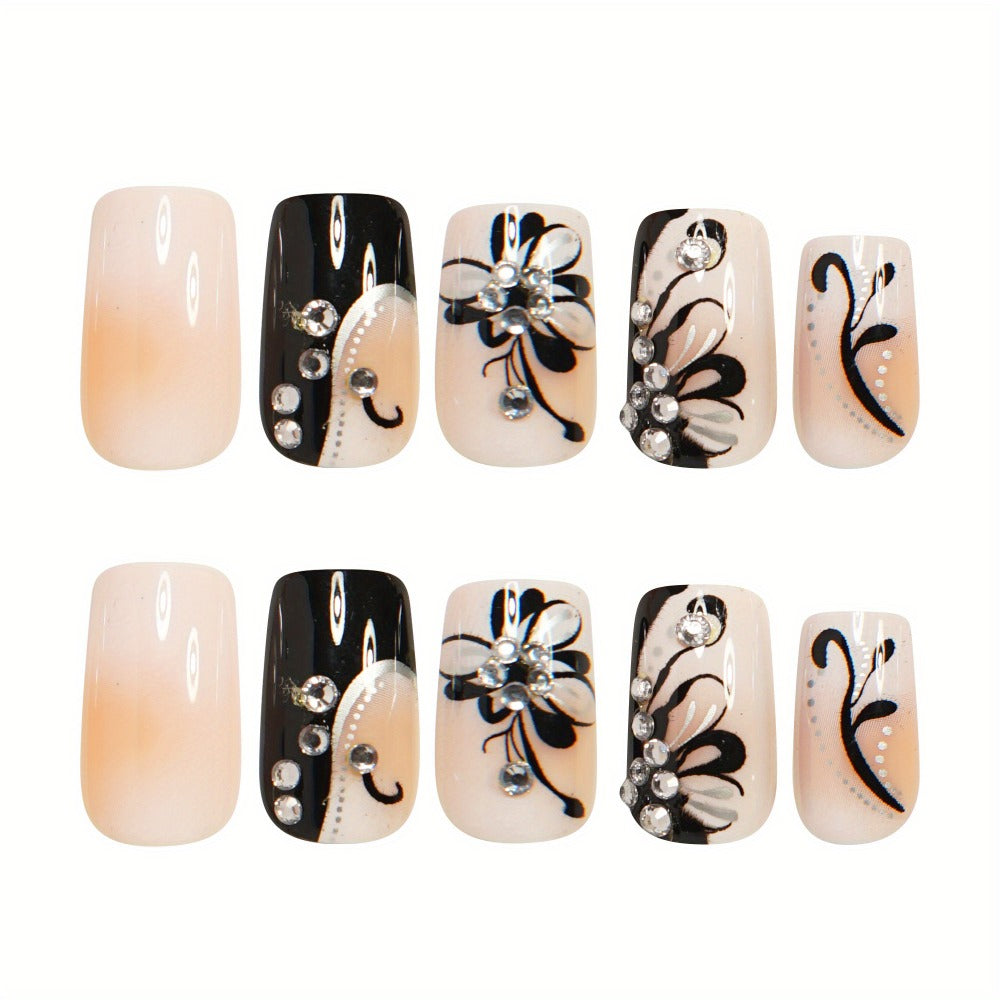 Matte Press On Nails 48 Pieces Black White Square – French Tip Butterfly Pattern Full Cover Detachable False Nails for Women | Elegant Nail Art Gift Set for Valentines Day Holiday Party Wedding