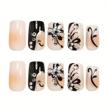 Matte Press On Nails 48 Pieces Black White Square – French Tip Butterfly Pattern Full Cover Detachable False Nails for Women | Elegant Nail Art Gift Set for Valentines Day Holiday Party Wedding
