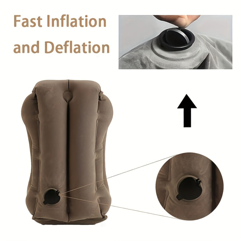 Inflatable Upright Travel Pillow with Face and Side Openings, Carry Bag and Blue, Black or Gray Color Options
