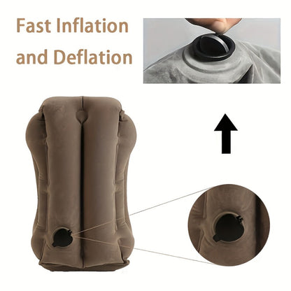 Inflatable Upright Travel Pillow with Face and Side Openings, Carry Bag and Blue, Black or Gray Color Options