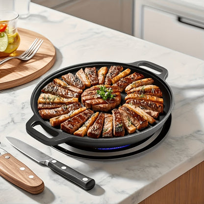 28cm Cast Iron Skillet with Dual Loop Handles and Broad Round Cooking Surface for Oven, Grill or Campfire Use