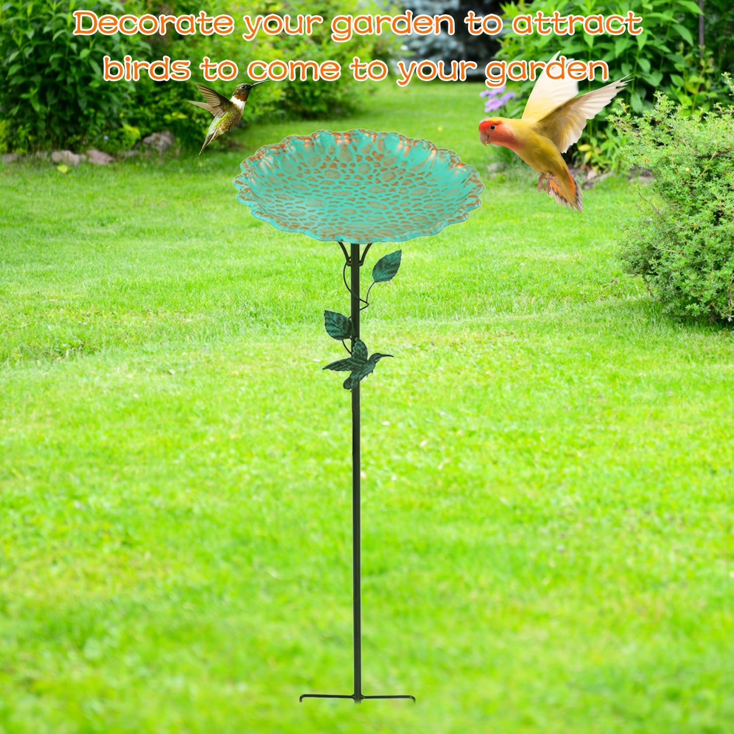 Green Sculpted Lotus-Leaf Bird Bath with 26 cm Bowl, 82 cm Ground Stake and Decorative Bird Perch
