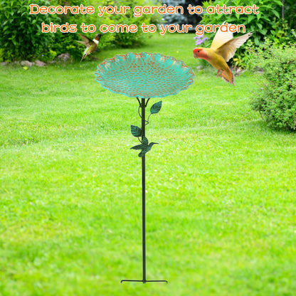 Green Sculpted Lotus-Leaf Bird Bath with 26 cm Bowl, 82 cm Ground Stake and Decorative Bird Perch