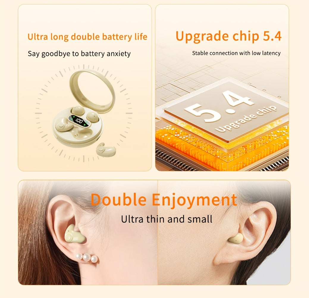 Invisible Sleep Wireless Earbuds 2 Pairs, Mini In-Ear Earphones HiFi Sound Noise Reduction Bass Touch Control Digital Display Long Battery Type-C, for Office Leisure Sport Sleep Men Women