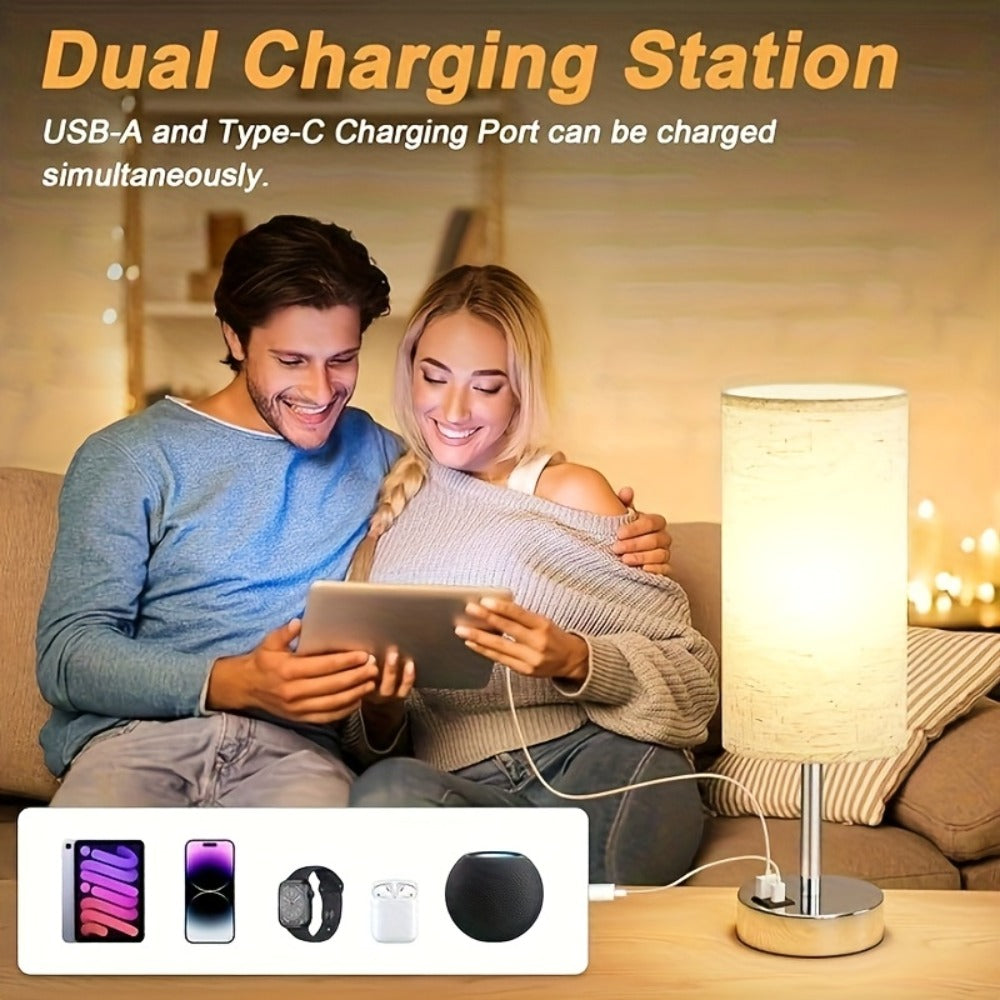 Table Lamp with Burlap Drum Shade, Wood Base, Three-Way Touch Dimming, USB-C Port and AC Outlet