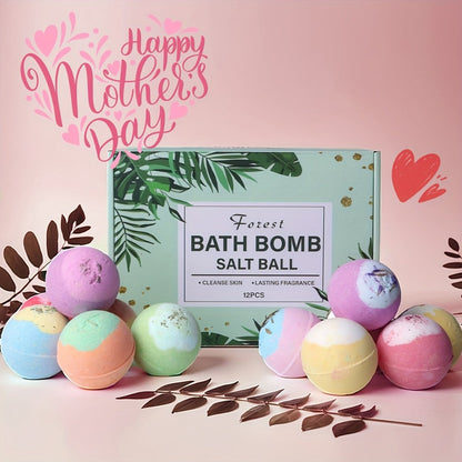Bath Bombs, 12-Piece Extra-Large Gift Box with Assorted Colors, Labeled Scents and Forest Bath Ball Option