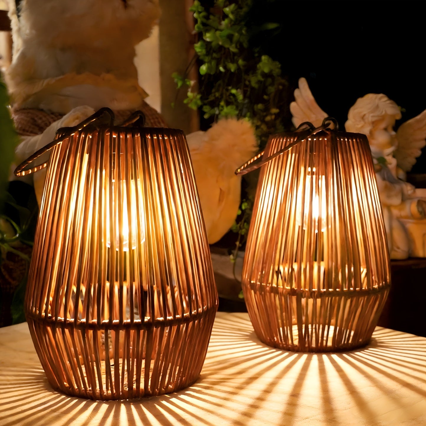 Solar Outdoor Lights Bohemian Bamboo Hanging Lanterns, Warm White, 1/2/4 Piece Sets for Patio Decor
