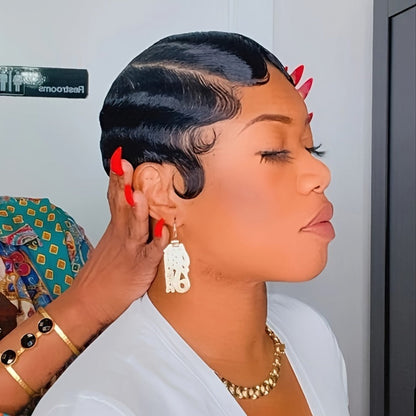 Short Human Hair Pixie Cut Wig Finger Wave Deep Ocean Wave Brazilian Virgin 180% Density Rose Net Cap 1B 613 Blonde Women Party Daily Wear