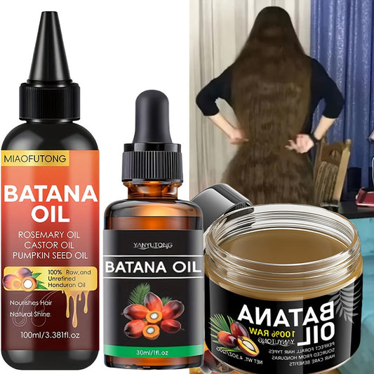 Batana Oil 3-Piece Hair Care Kit – Pure Cold-Pressed Honduras Batana Oil 3.38oz + Essential Oil 1.01oz + Hair Cream 120g, Scalp Repair, Anti-Breakage, All Hair Types