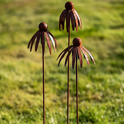 Rustic Iron Coneflower Garden Stake with 78 cm Stem, 13 cm Bloom and Ground Insert for Pots and Borders