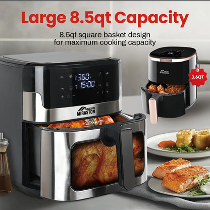 Miraston Air Fryer with Viewing Window, Eight Preset Icons and 3.6Qt or 8.5Qt Black Touchscreen Options