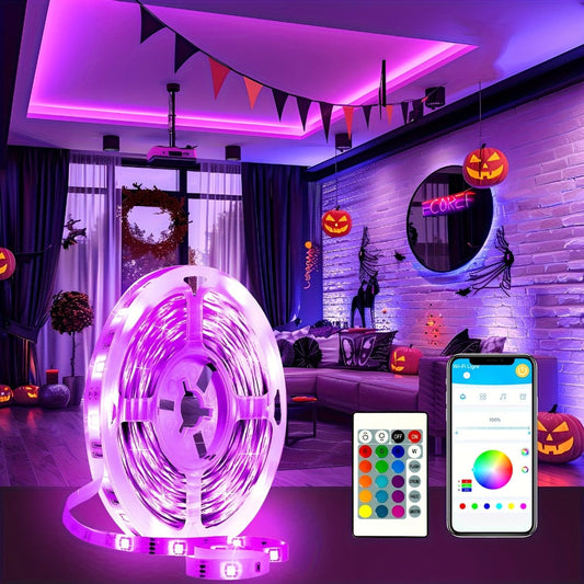 RGB LED Strip Lights Music Sync Color Changing – App & 24-Key Remote Control Dimmable Timer Adhesive LED Light Strip for Bedroom Dorm Ceiling TV Holiday Decor – 6.56FT to 260FT