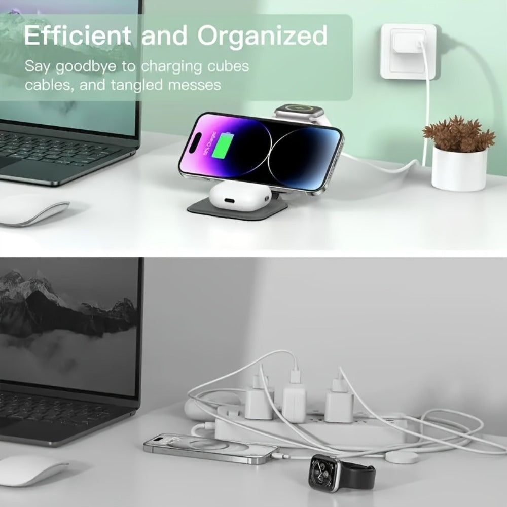 Wireless Charging Station, T11 Foldable 3-in-1 15W Travel Pad in Black for iPhone, Apple Watch and AirPods