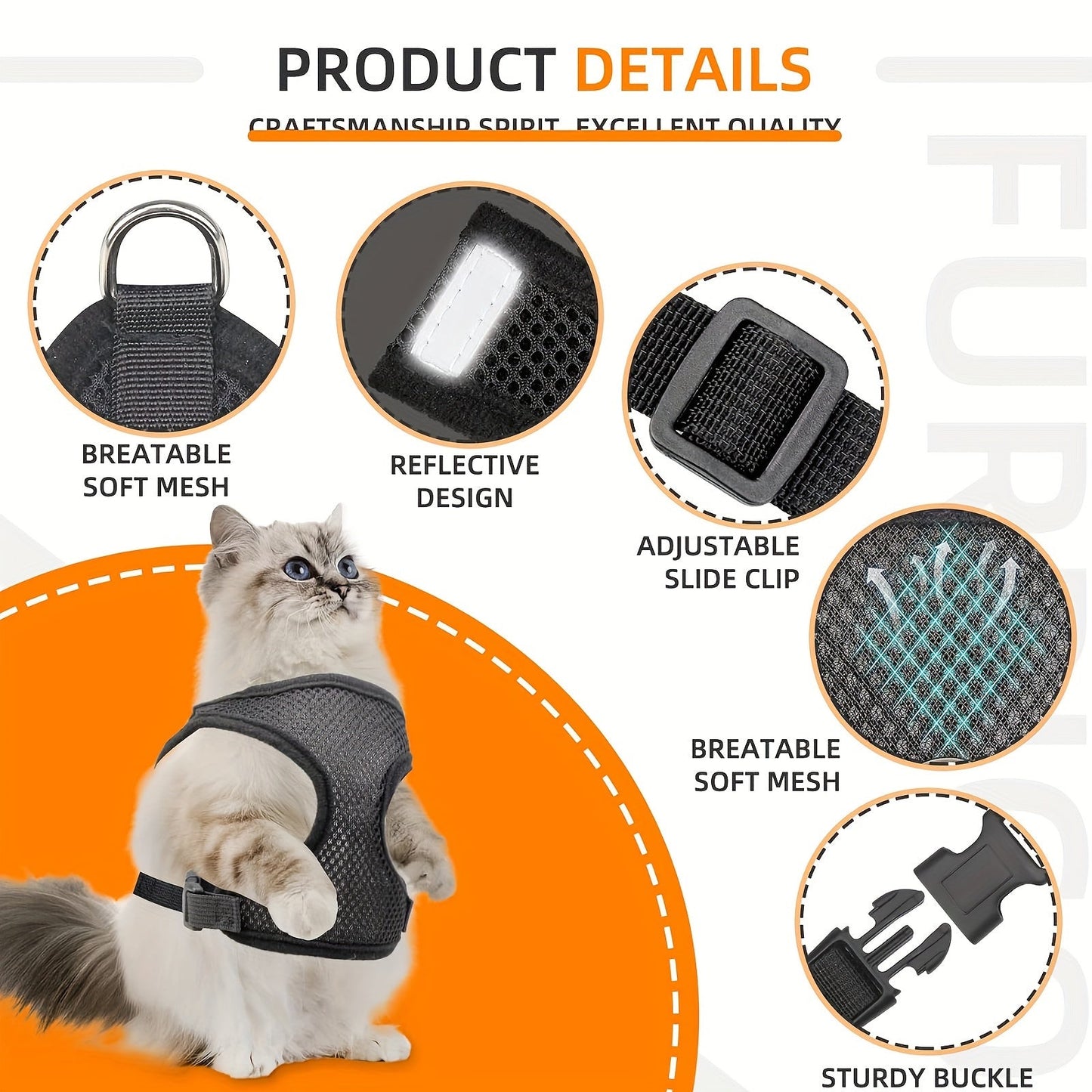 Escape-Proof Cat Harness and Leash with AirTag Holder – Adjustable Reflective Vest for Cats & Kittens Outdoor Walking S M L