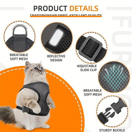 Escape-Proof Cat Harness and Leash with AirTag Holder – Adjustable Reflective Vest for Cats & Kittens Outdoor Walking S M L