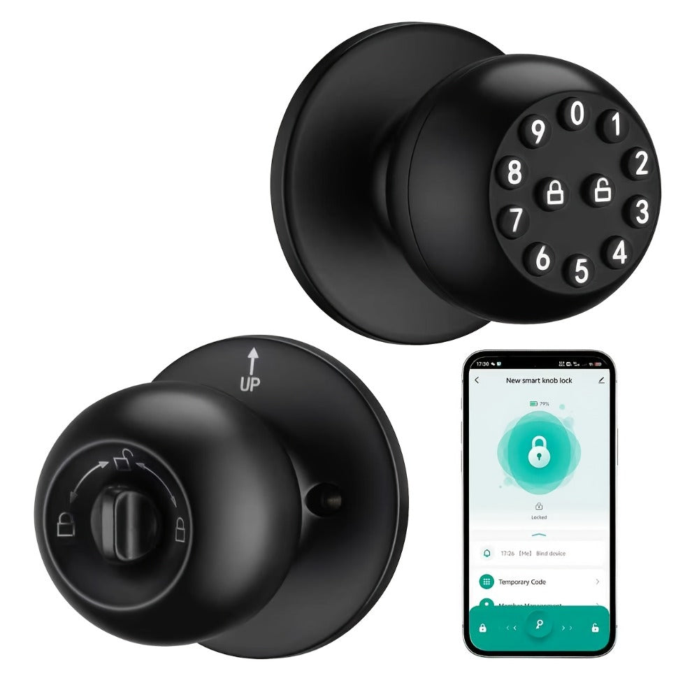 Anti-Peep Keypad Smart Door Knob with App & Passage Mode - Auto-Lock, Keyless Entry, Mechanical Key Backup, Wireless Electronic Door Knob for Bedroom, Home, Hotel & Office, Black