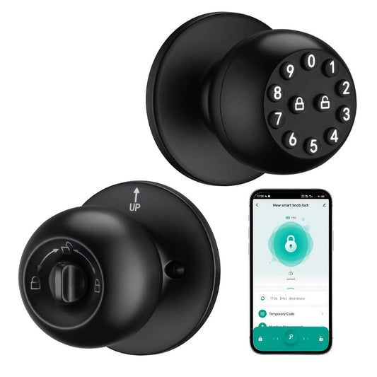 Anti-Peep Keypad Smart Door Knob with App & Passage Mode - Auto-Lock, Keyless Entry, Mechanical Key Backup, Wireless Electronic Door Knob for Bedroom, Home, Hotel & Office, Black